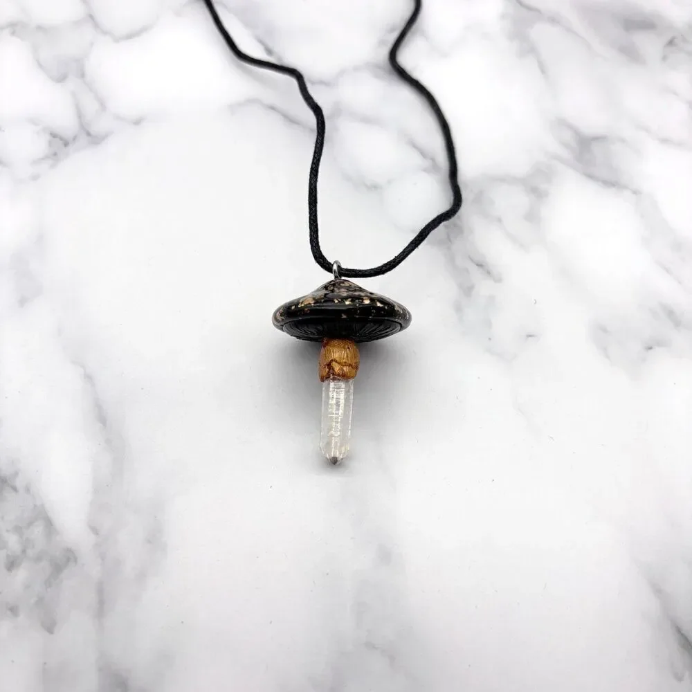 Black Mushroom Necklace with Quartz Crystal | Gold Leaf Polymer Clay Pendant